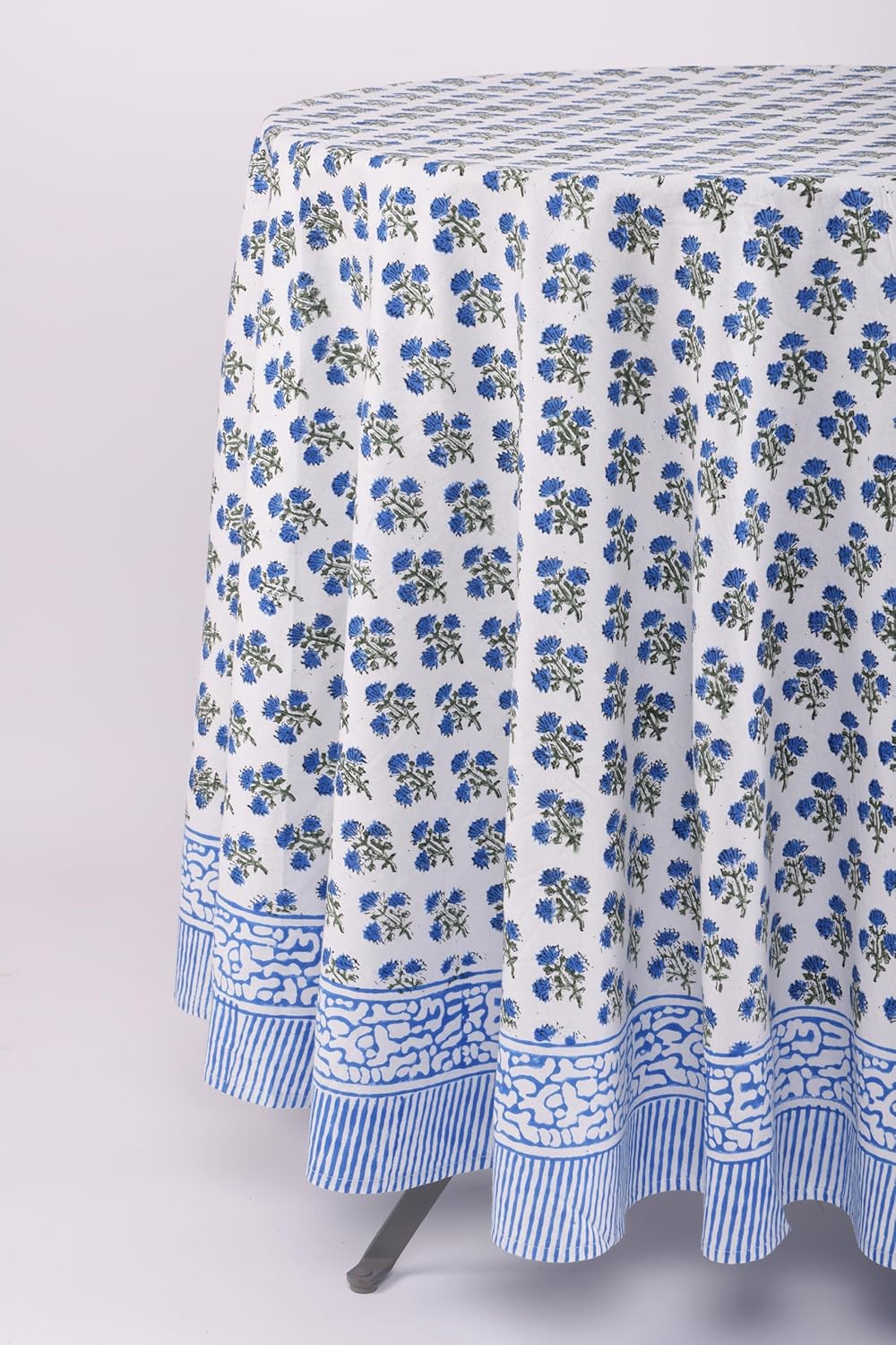 ATOSII Gulbahar Blue 100% Cotton Fall Round Tablecloth, Handblock Print Floral Table Cloth for Kitchen Dining Linen I Thanksgiving, Christmas, Weddings, Outdoors, Parties I 90" Inches Diameter