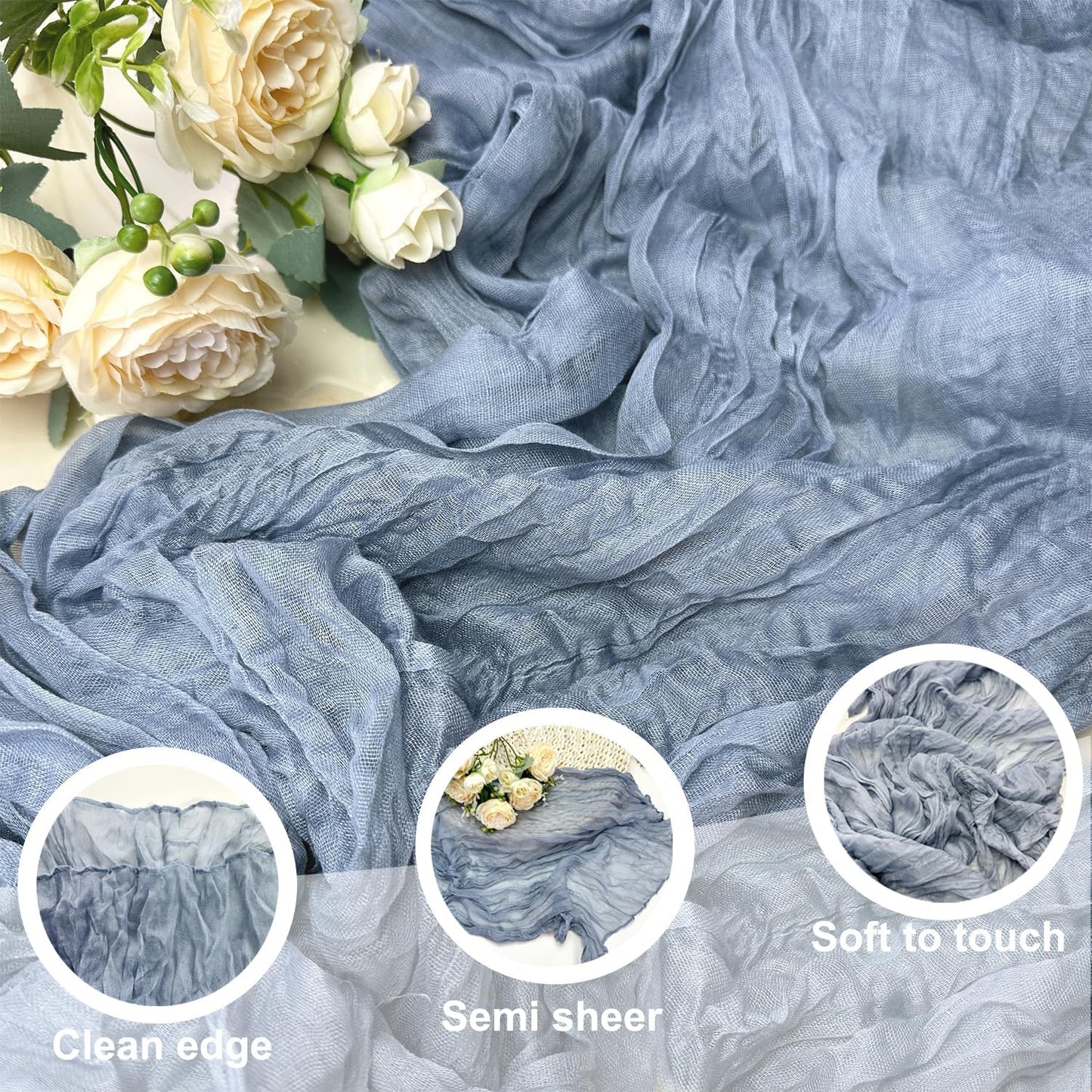 Booque Valley Dusty Blue Cheesecloth Table Runner 10ft Super Soft Boho Wrinkled Gauze Sheer Cloth for Baby Shower Baptism Birthday Party Wedding Centerpiece Table Decoration, 35x120 Inch