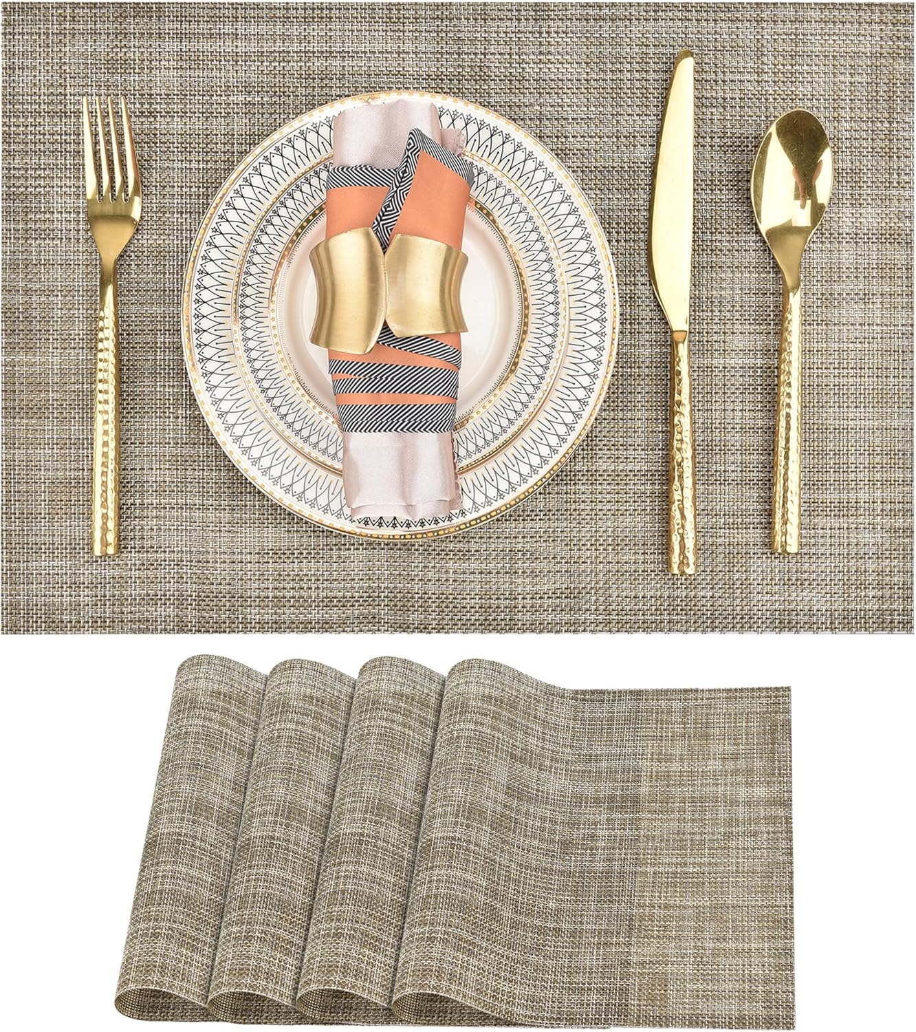 SLKQG Placemats Set of 4 - Easy Clean Washable Vinyl Placemats - Wipeable Heat Resistant Table Mats for Dining Table - 17.7x11.8 Inch (4, Gray & Gold Two-Tone)