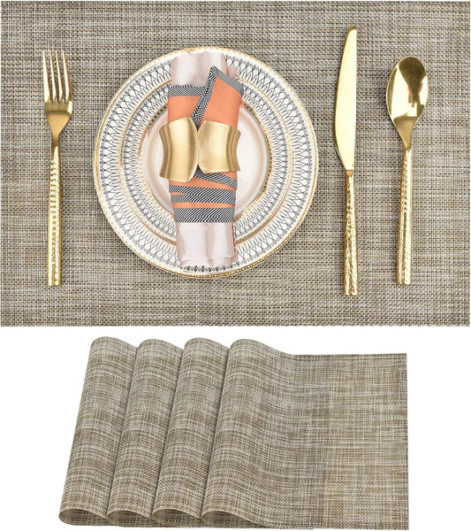 SLKQG Placemats Set of 4 - Easy Clean Washable Vinyl Placemats - Wipeable Heat Resistant Table Mats for Dining Table - 17.7x11.8 Inch (4, Gray & Gold Two-Tone)