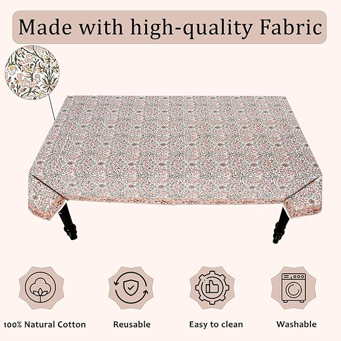 Ridhi Hand Block Print Sassy Salmon Emerald Green Rectangle Cotton Tablecloth 120" x 60" Reusable Table Cover Decorative Everyday Use for Dining, Farmhouse, Home Gift for Spring, Easter, Valentine