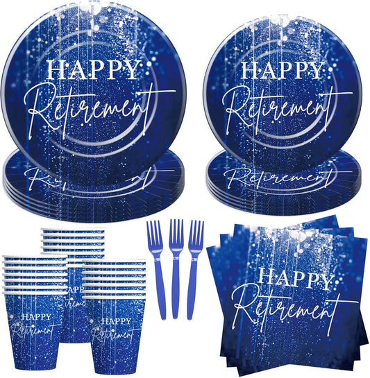 Blue Retirement Party Decorations Tableware For Women Men, Disposable Happy Retirement Party Supplies, Paper Plate, Cup, Napkin, Fork, Serve 24