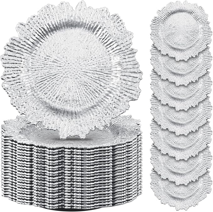 50 Pcs 13 Inch Charger Plates Bulk Plastic Plate Chargers with Floral Reef Design Round Ruffled Rim Dinner Charger Plates for Dinner Wedding Party Event Table Setting Decor (Silver)