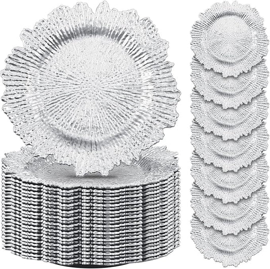 50 Pcs 13 Inch Charger Plates Bulk Plastic Plate Chargers with Floral Reef Design Round Ruffled Rim Dinner Charger Plates for Dinner Wedding Party Event Table Setting Decor (Silver)