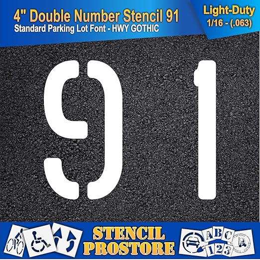 Pavement, Curb, and WheelStop Stencils - 4 inch Double Number Stencil - (91) - 4" x 4" x 1/16" (63 mil) - Light-Duty