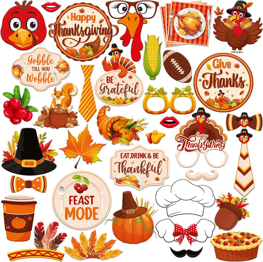 KatchOn, Happy Thanksgiving Photo Booth Props - Pack of 36 | Props for Thanksgiving Party Decorations | Fall Selfie Props, Fall Festival Decorations Indoor