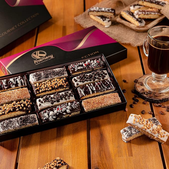 KREMERY Creamy Chocolate Cravings - Halloween Treats For Adults Chocolate Covered Biscotti Cookies Gift Basket, in Elegant Gift Box (12 Biscotties, Assorted Sweet Toppings) Holiday Xmas Christmas