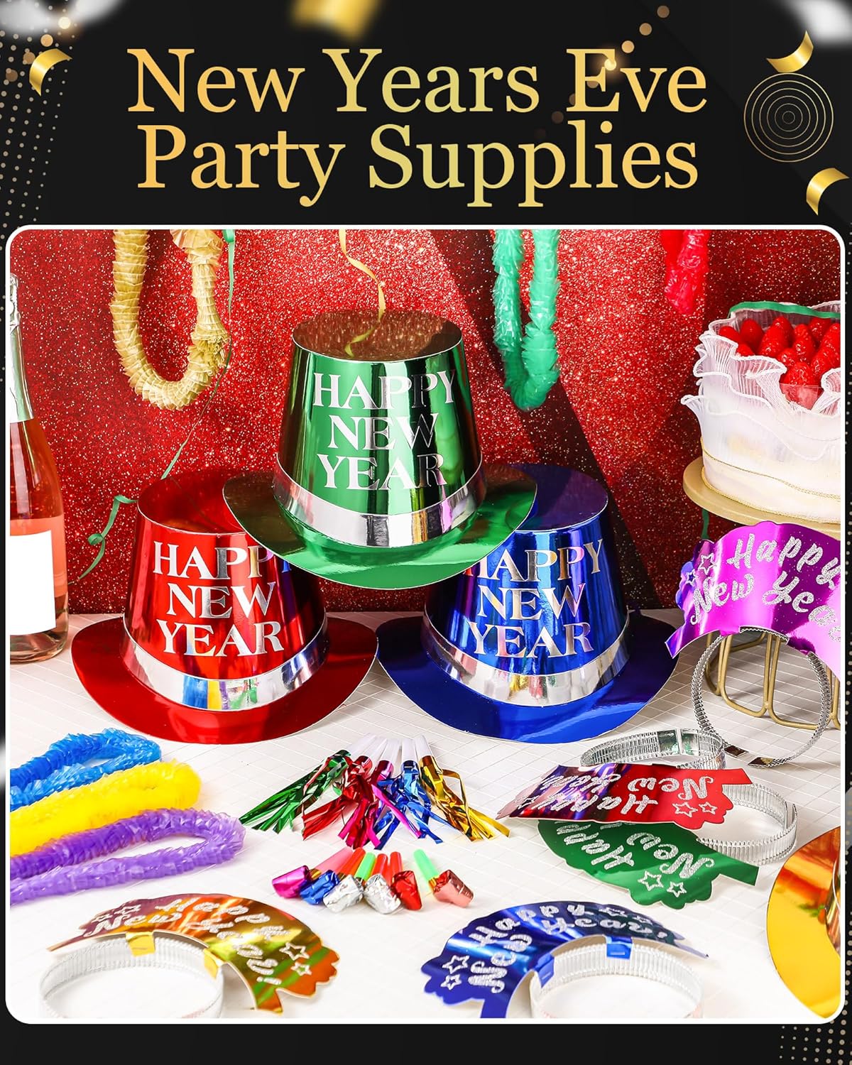 75 Pcs New Year Eve Party Supplies 2026 Midnight Party Decorations Includes Top Hats, Headband Tiara, Colorful Leis, Squawkers, Blowouts for Eve Supplies
