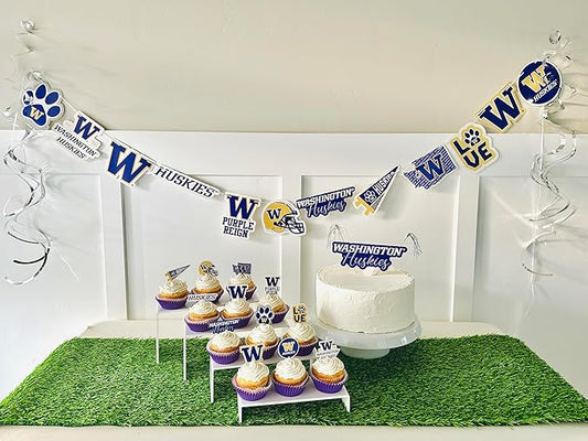 Washington Party Supplies for Football, Birthday Gift, Graduation Party Banner and Cake Toppers (42 Pieces) (Washington Huskies)