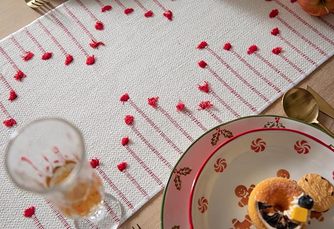 Christmas Table Runner 13 x 72 Inch Long Natural Cotton Woven Runner with Tassels for Home Dining Christmas Decorations, for Modern Farmhouse Holiday Boho Red Table Runner