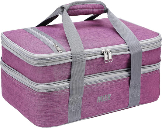 MIER Insulated Double Casserole Carrier Thermal Lunch Tote for Potluck Parties, Picnic, Beach, Fits 9 x 13 Inches Casserole Dish, Expandable by Mid Zipper, Purple
