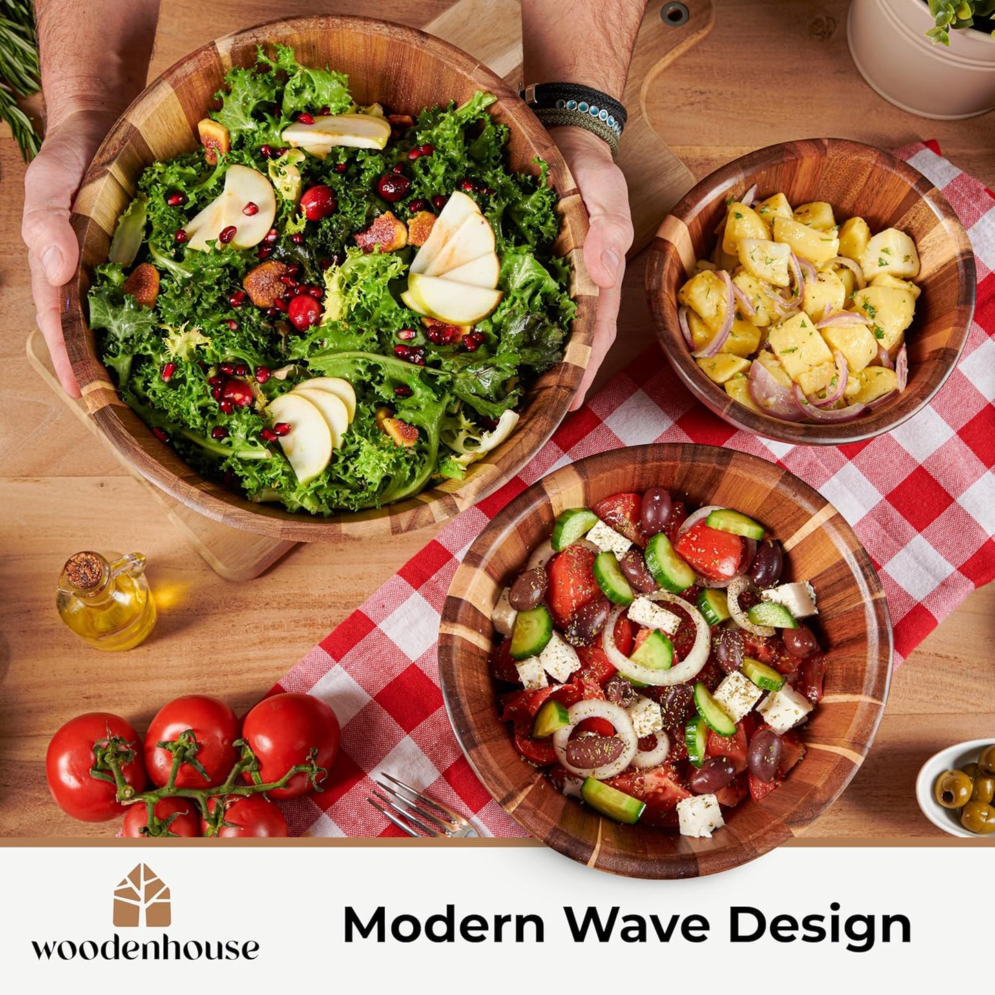 Wooden Salad Bowl Set, Salad Bowls Set of 3 - Wavy Design Salad Bowl Set for Serving, Handmade, Durable and Stylish Natural Wood Dining Accessory by Woodenhouse