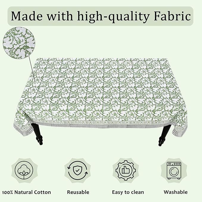 Ridhi Hand Block Print Sage Green Rectangle Cotton Tablecloth 120" x 60" Reusable Table Cover Decorative Everyday Use for Dining, Farmhouse, Home Gift for Spring, Easter, Valentine