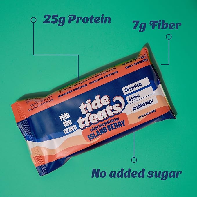 25g Protein Bar Crispy Rice Treat Island Berry | Clean Ingredients, No Added Sugar, 7g Fiber, Gluten Free | High Protein Snack for On-the-Go, Post-Workout or Dessert Cravings | 8 Count | Tidetreats