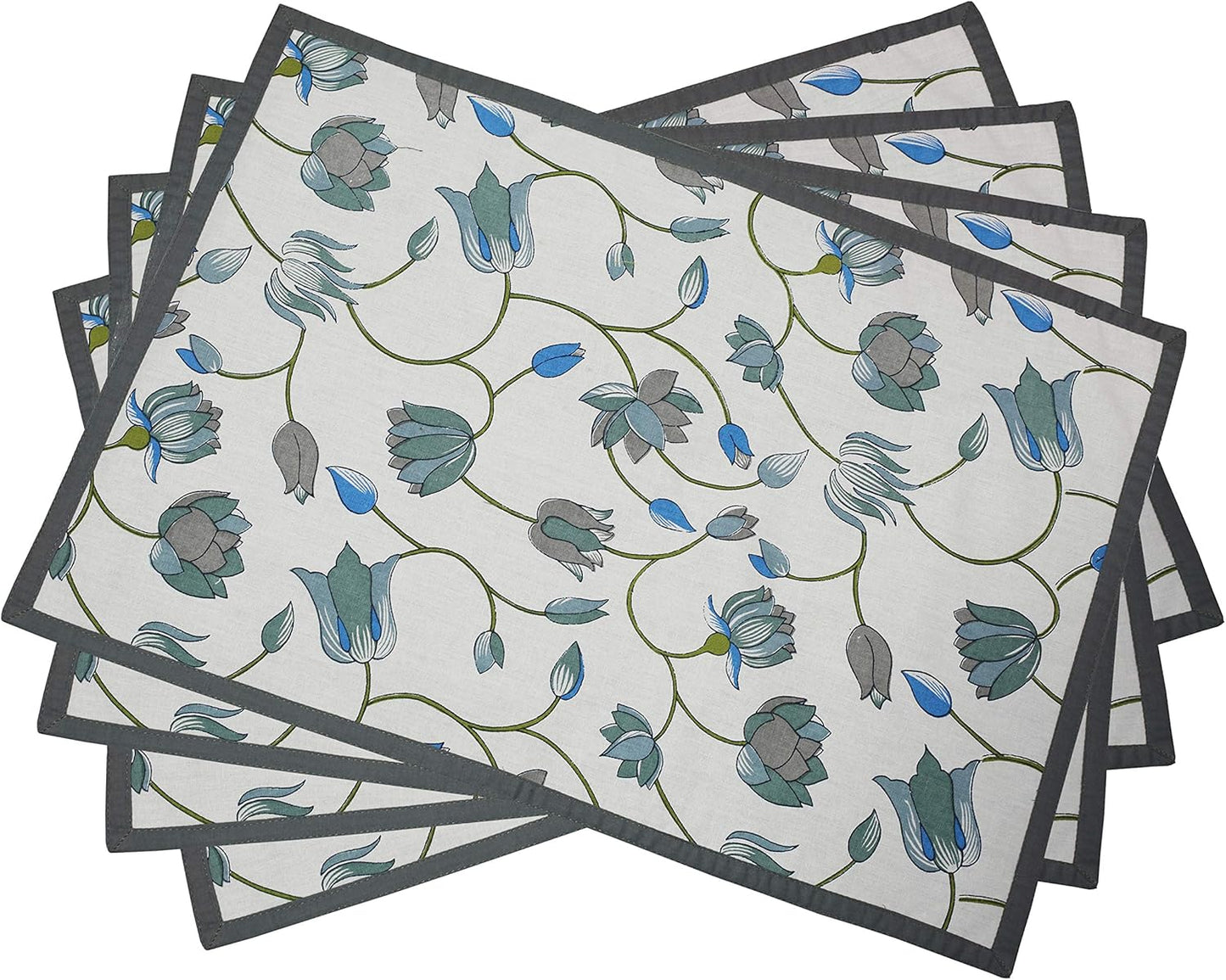 Indtresor Indian Heritage Fabric Cotton Table Linen Reversible Set Runner Napkins Mats in Blue White
