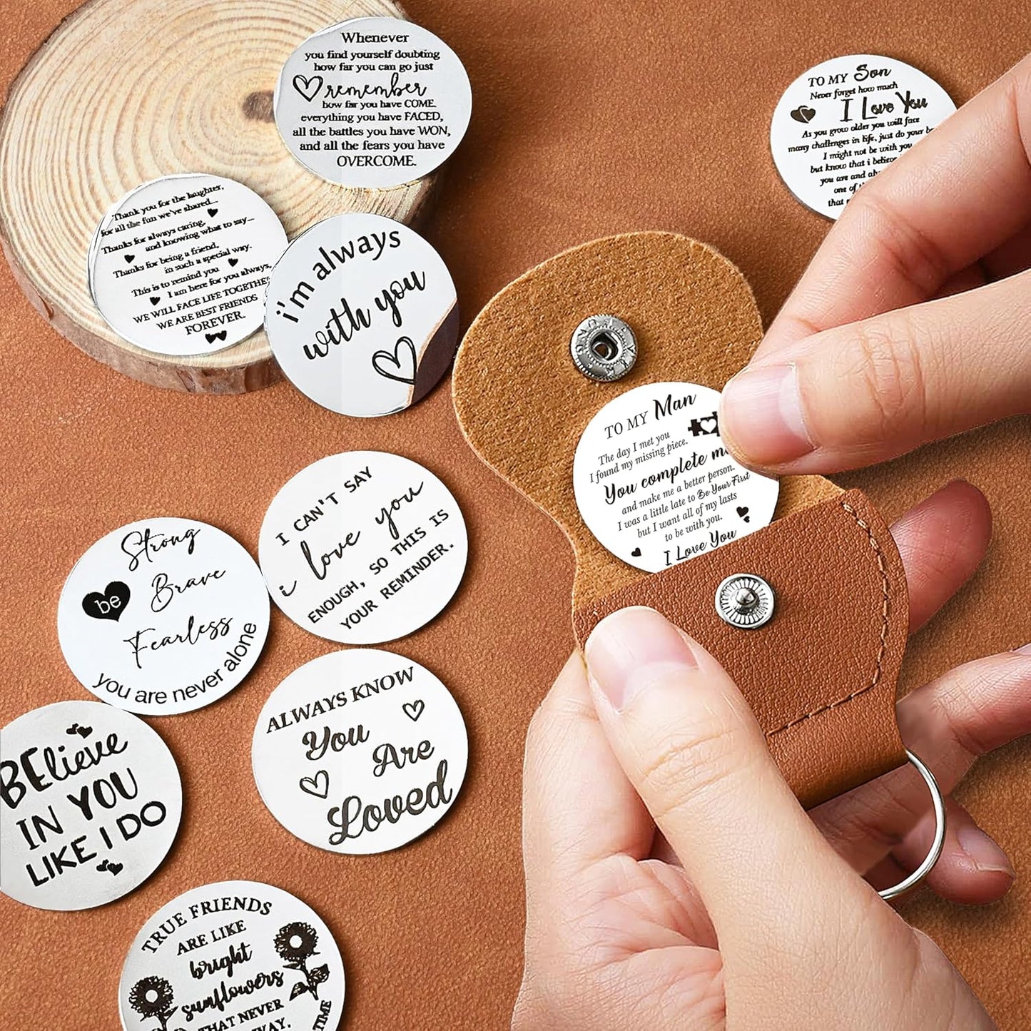 OUMILAN Pocket Hug Token Gifts for Men Boyfriend Girlfriend Inspirational Gift for Son Daughter Brother with Leather Keychain