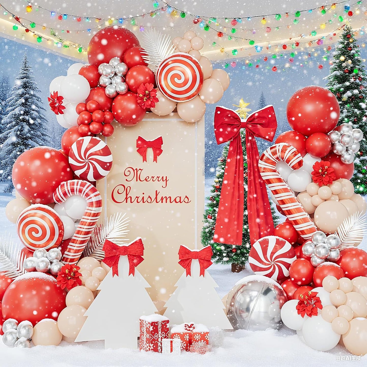 Christmas Balloon Garland Arch Kit, Red White Silver Apricot Balloons Candy Cane Foil Balloons Christmas Backdrop for Xmas Winter Holiday Party Decorations