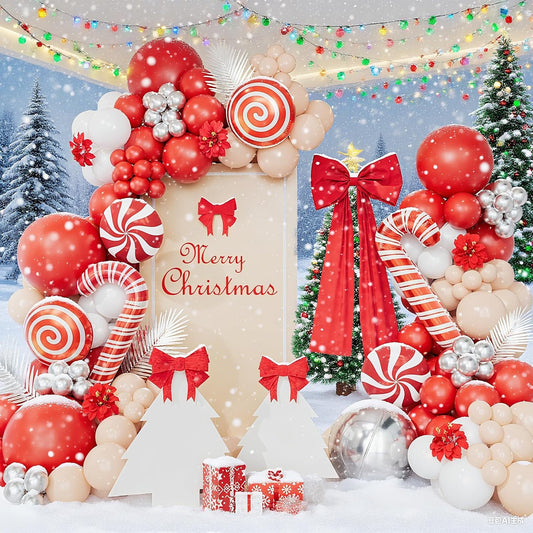 Christmas Balloon Garland Arch Kit, Red White Silver Apricot Balloons Candy Cane Foil Balloons Christmas Backdrop for Xmas Winter Holiday Party Decorations