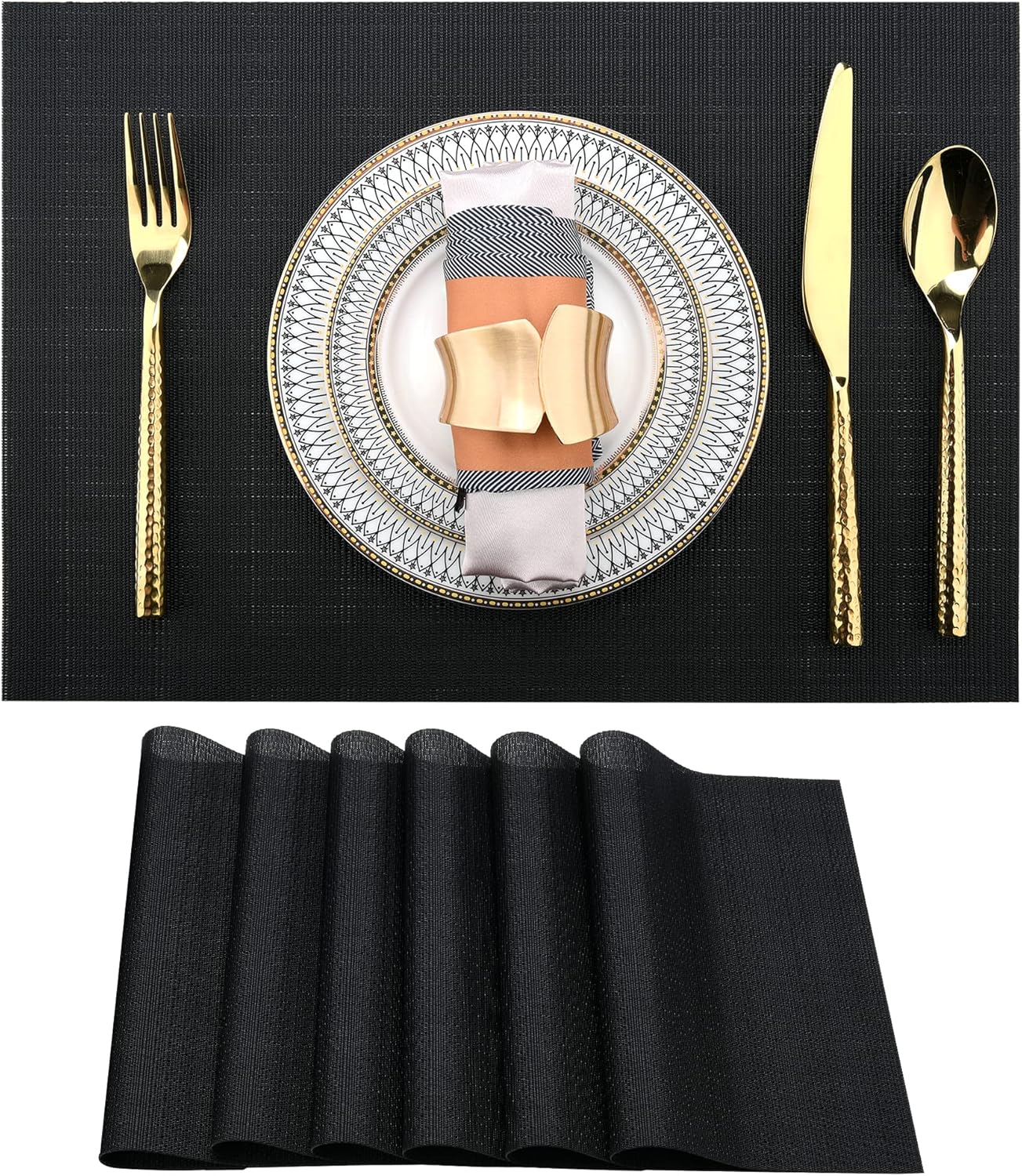 SLKQG Black Placemats Set of 6 - Easy Clean Washable Vinyl Placemats - Wipeable Heat Proof Table Mats for Dining Table - 17x12 Inch (Pure Black, 6)