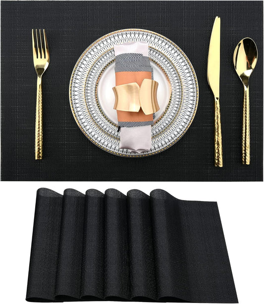 SLKQG Black Placemats Set of 6 - Easy Clean Washable Vinyl Placemats - Wipeable Heat Proof Table Mats for Dining Table - 17x12 Inch (Pure Black, 6)
