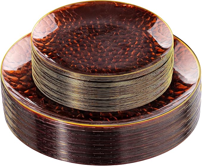 Rubtlamp 60Pcs Amber Plastic Plates - Brown Disposable Plates With Gold Rim, Clear Heavy-duty Party Plates, Hammered Plates Include 30 Dessert Platos, 30 Dinner Platos for Party