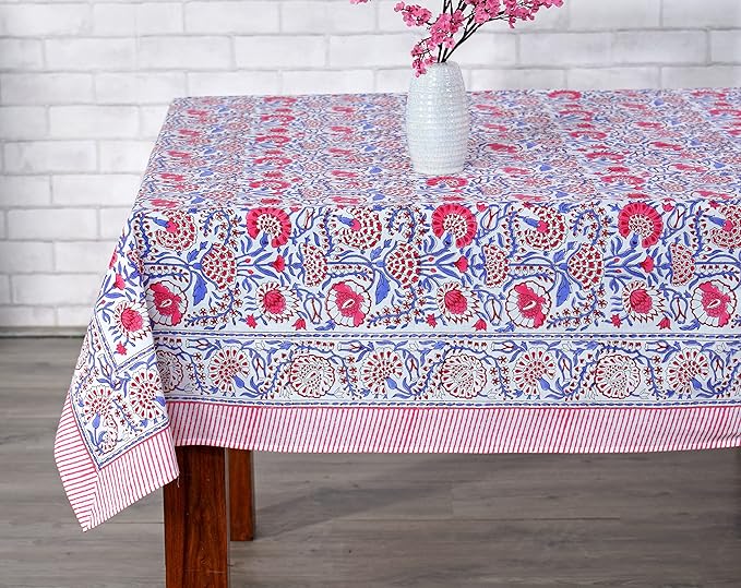 Ridhi Hand Block Print Pigeon Blue Flamingo Pink Rectangle Cotton Tablecloth 190" x 72" Reusable Table Cover Decorative Everyday Use for Dining, Farmhouse, Home Gift for Spring, Easter, Valentine