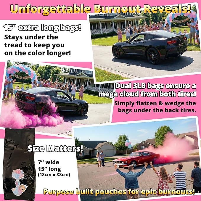 Baby Girl Gender Reveal Powder – 6 lbs, Blackout Bags, Vibrant Pink Powder for Tire Burnout Color, Exhaust Smoke & Shooting Targets. Leakproof, Non Toxic Party Kit. 2 x 3LB + Gender Reveal Idea Guide