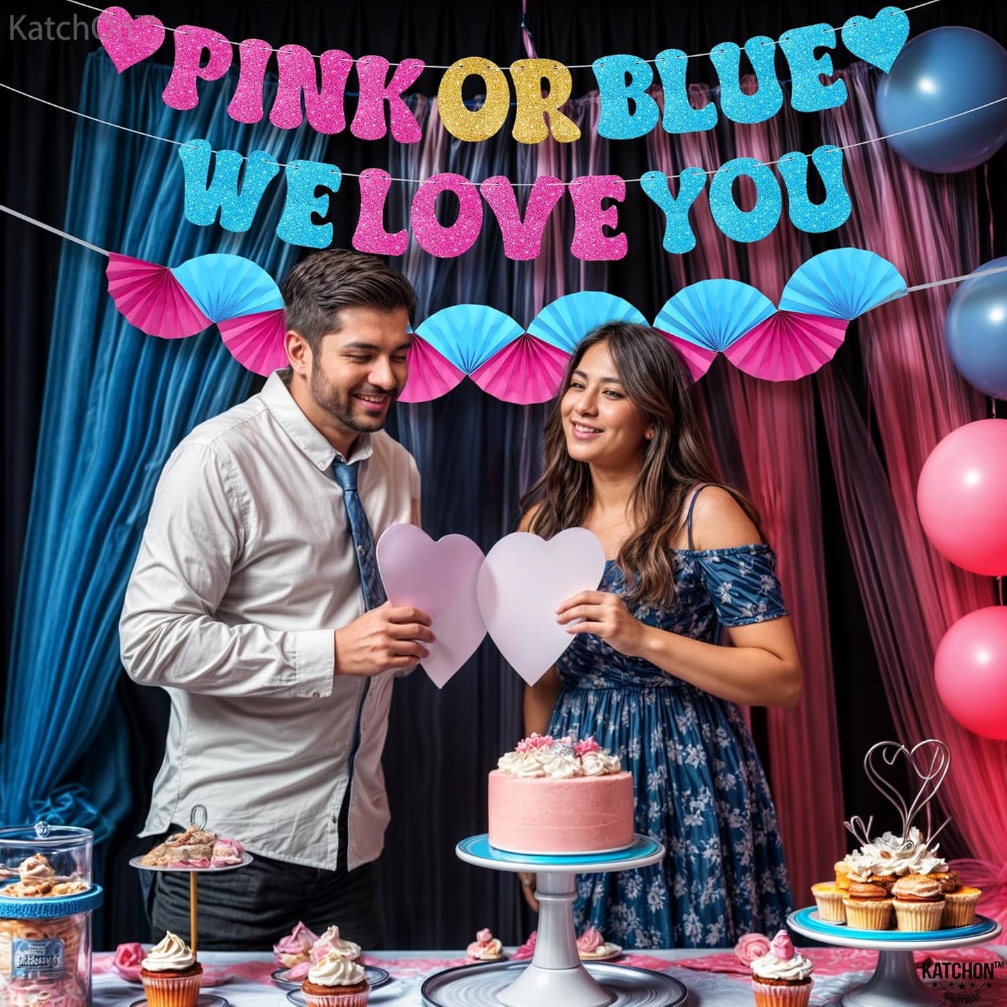 KatchOn Pink or Blue Fans and Heart Banner
