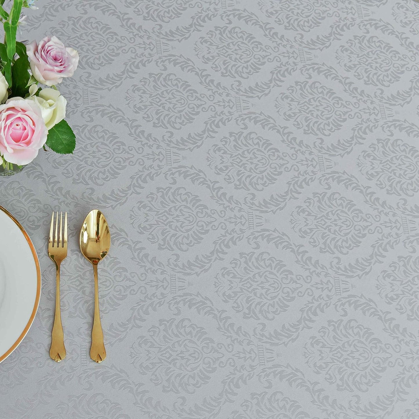 maxmill Square Tablecloth Damask Design Water Resistance Antiwrinkle Heavy Weight Soft Table Cloth for Buffet Banquet Parties Event Holiday Dinner Square 52 x 52 Inch Light Grey