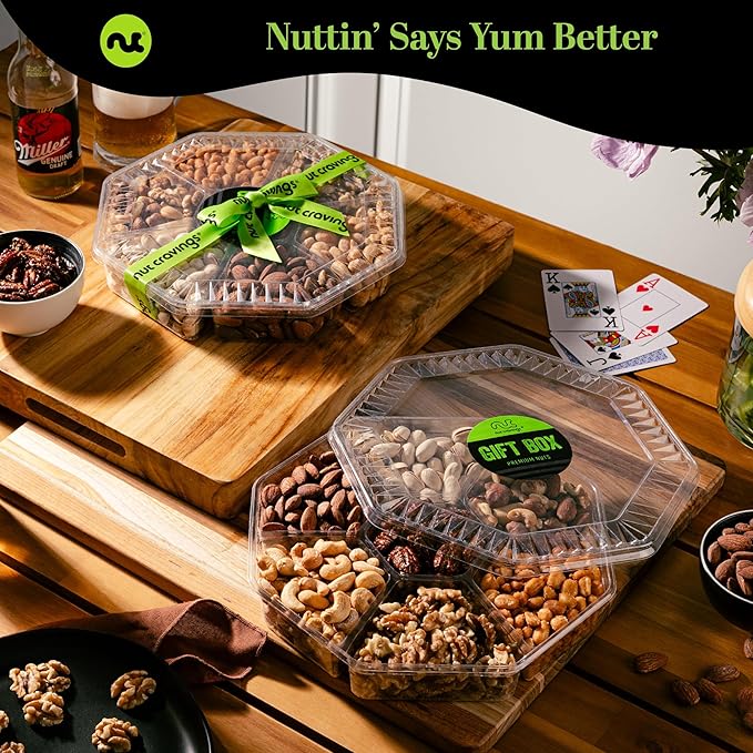 NUT CRAVINGS - Halloween Treats For Adults Mixed Nuts Gift Basket + Green Ribbon (7 Assortments, 2.2 LB) Holiday Xmas Christmas Food Arrangement, Healthy Snack Care Package, Food Assortments