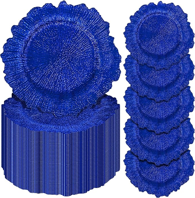 Pesonlook 50Pcs Royal Blue Charger Plates Round 13inch, Reef Plate Chargers for Dinner, Bulk Plastic Floral Table Charger Plates for Dinner Wedding Party Event Table Setting Decoration(Royal Blue)