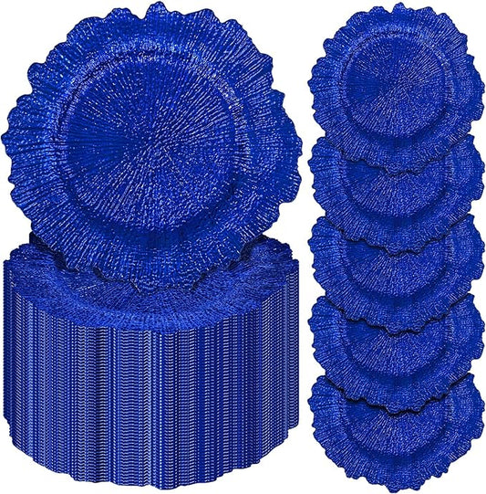 Pesonlook 50Pcs Royal Blue Charger Plates Round 13inch, Reef Plate Chargers for Dinner, Bulk Plastic Floral Table Charger Plates for Dinner Wedding Party Event Table Setting Decoration(Royal Blue)
