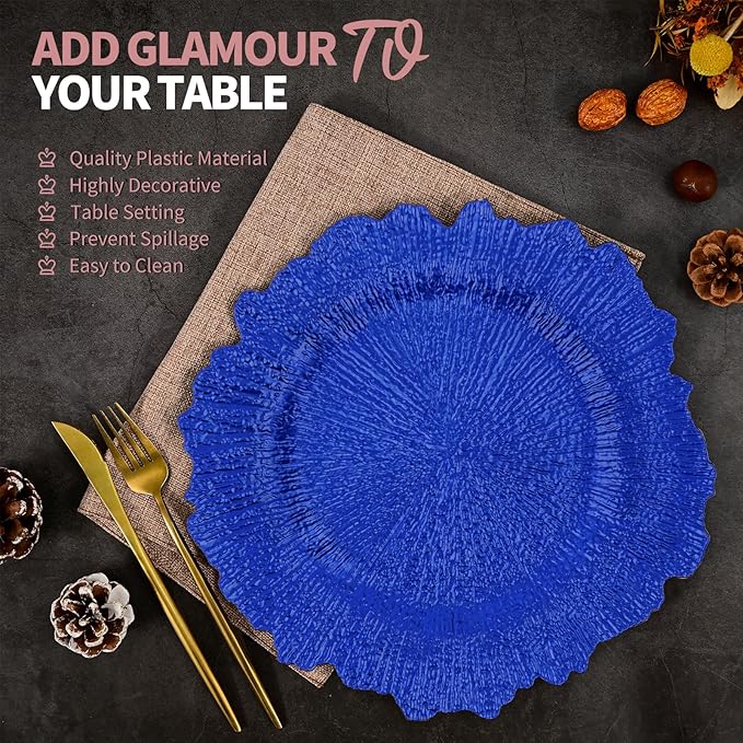 24 Pcs Royal Blue Charger Plates Bulk 13 Inch Plastic Charger Plates for Dinner Plate, Royal Blue Chargers for Table Setting, Reef Design Plate Floral Decorative Round Chargers for Wedding Party Event