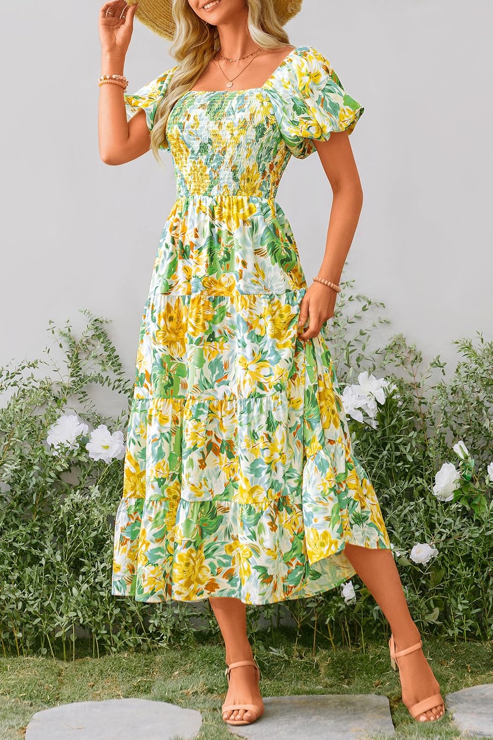 PRETTYGARDEN Women's Casual Summer Midi Dress Puffy Short Sleeve Square Neck Smocked Tiered Ruffle Dresses