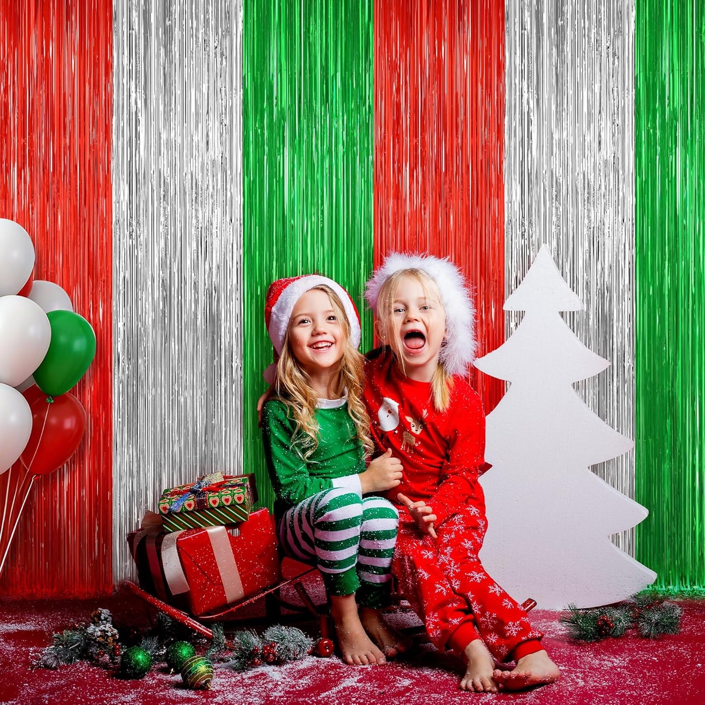 2 Pack Red Silver and Green Metallic Tinsel Foil Fringe Curtains, Door Streamers Photo Booth Backdrop for Birthday Party, Tinsel Curtain Backdrop for Christmas Theme Party Decorations