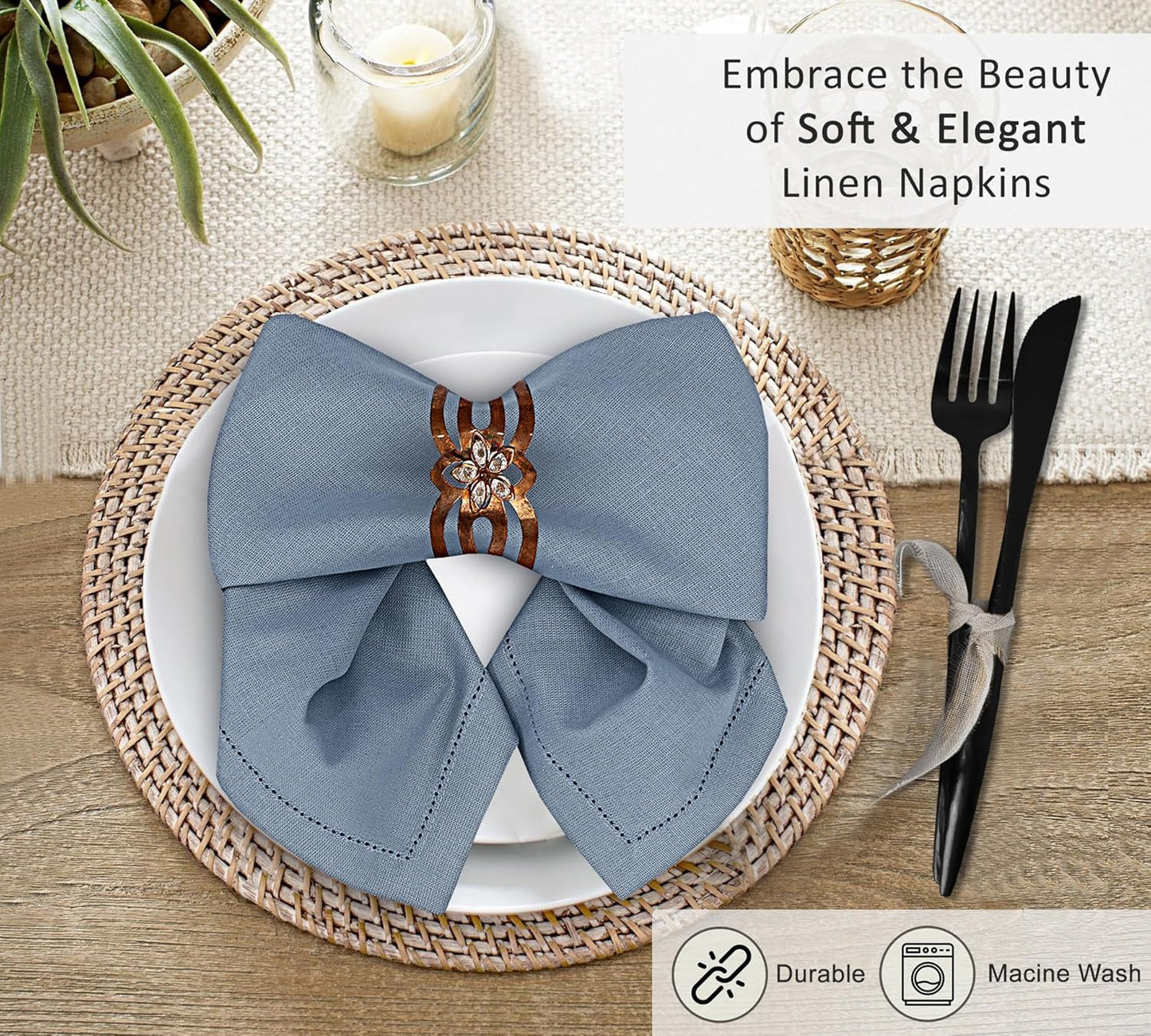 Ruvanti Premium Linen Napkins Set of 4-20x20 Inch, Classic Hemstitch, Mitered Corner Cloth Napkins ‎‎- Soft, Elegant Dinner Napkins Cloth Washable for Weddings, Parties, Everyday Use - Grey