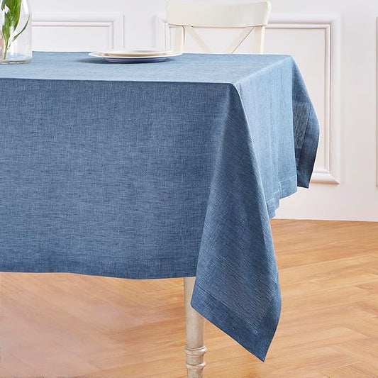 Solino Home Linen Tablecloth 60 x 144 Inch - 100% Pure Linen Blue Denim Table Cloth for Rectangle Tables - Athena, Machine Washable Tablecloth for Spring, Easter