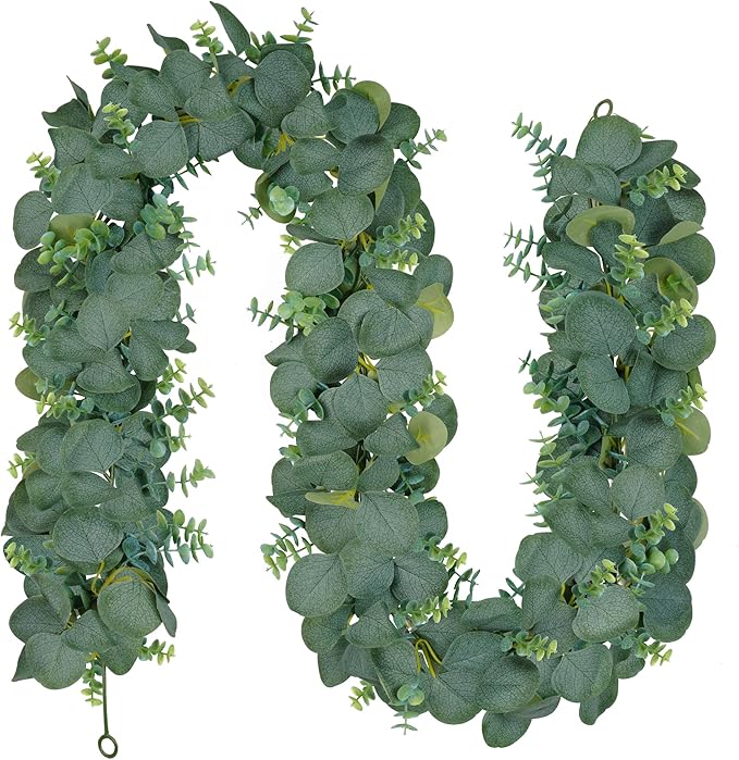 Vlorart 2 Pack Artificial Eucalyptus Garland, 5.5ft Faux Boxwood Eucalyptus Leaves Greenery Garland, Artificial Hanging Vines for Wedding Backdrop Arch Table Wall Home Party Decor