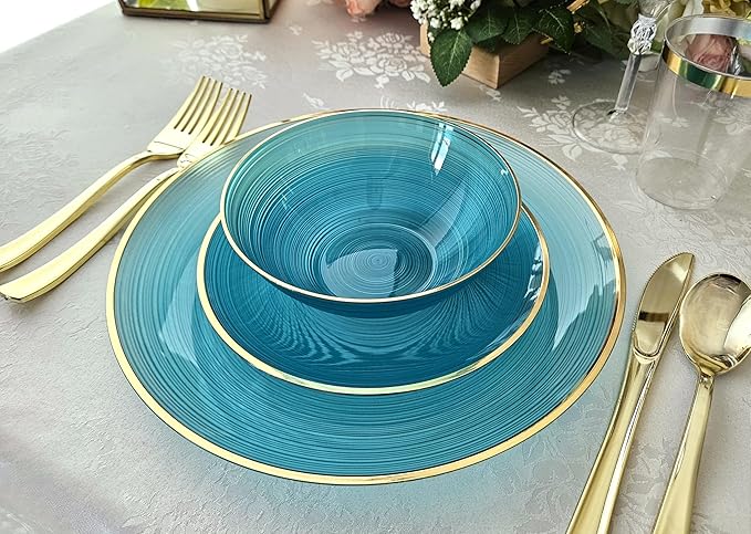 OCCASIONS 240-Pc Disposable Plastic Dinnerware Set (120 Guests) for Wedding Party - 10'' Dinner & 7'' Salad Dessert Plates (120 Each), Premium Heavyweight (Belize, Aqua & Gold)