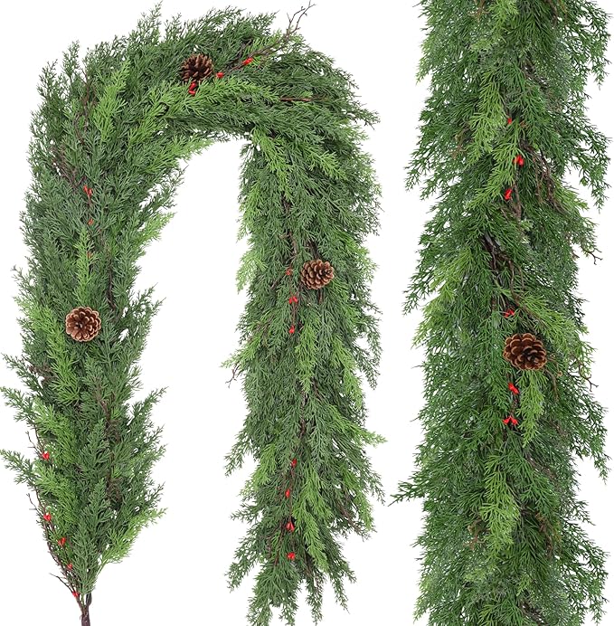 1 Pack 6FT Real Touch Christmas Garland with Pine Cone Artificial Realistic Faux Green Cedar Pine Garland,Thick and Lush, Lifelike Cedar Garland for Fireplace Indoor Outdoor Holiday Party Decoration
