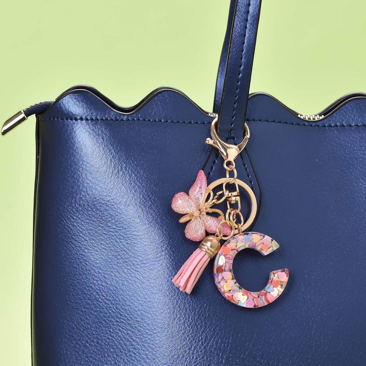 Fashion Alphabet Initial Letter Keychain Tassel Butterfly Pendant Key Ring for Purse Handbags Women Girl