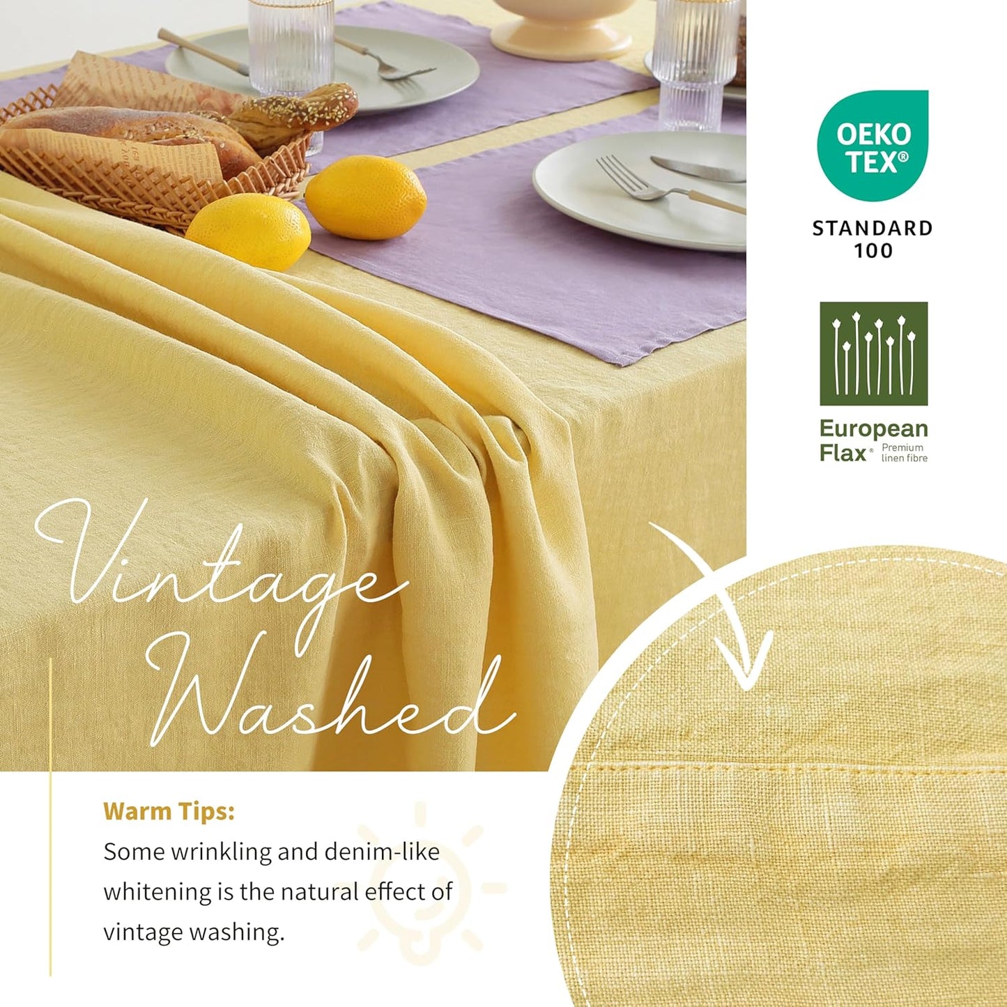 Linen World Vintage Tablecloths 55x55 Inch,100% French Linen Tablecloth,Classic Vintage Washed Table Cloths for Kitchen,Outdoor,Weddings,Decorative Thanksgiving Christmas,Mellow Yellow