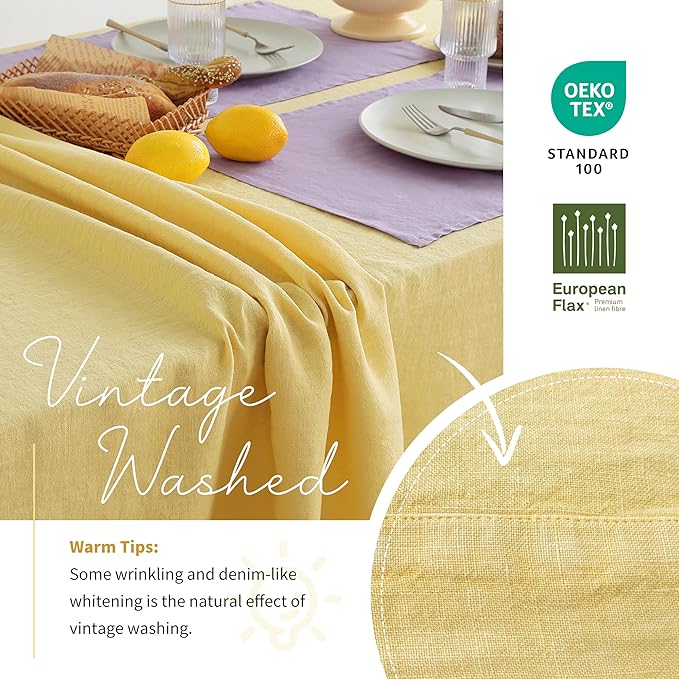 Linen World Vintage Tablecloths 60x108 Inch,100% French Linen Tablecloth,Classic Vintage Washed Table Cloths for Kitchen,Outdoor,Weddings,Decorative Thanksgiving Christmas,Mellow Yellow