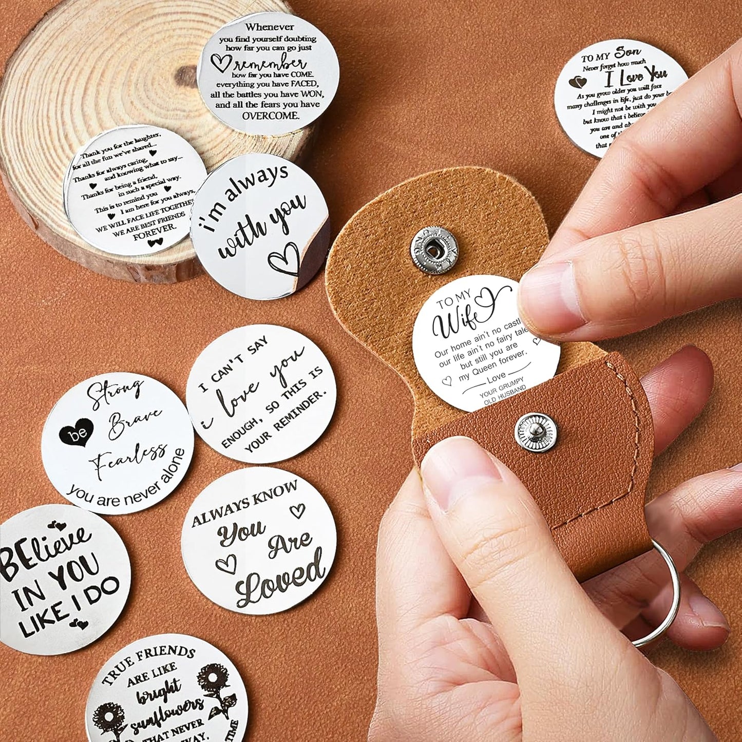 OUMILAN Pocket Hug Token Gifts for Men Boyfriend Girlfriend Inspirational Gift for Son Daughter Brother with Leather Keychain