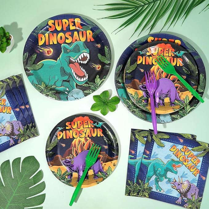 96 Pcs Super Dinosaur Plates and Napkins for Dinosaur Birthday Party Supplies Dino Movie Theme Paper Dessert Plates and Napkins Jungle Dino Tableware Set for Kids Boys 24 Guests Party Decorations