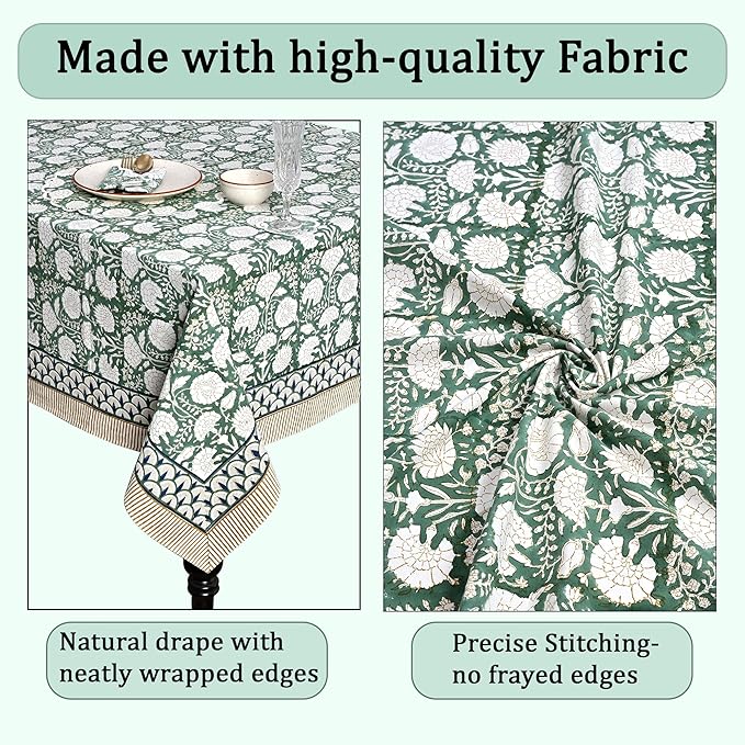 Ridhi Hand Block Print Turquoise Moss Green Rectangle Cotton Tablecloth 140" x 72" Reusable Table Cover Decorative Everyday Use for Dining, Farmhouse, Home Gift for Spring, Easter, Valentine