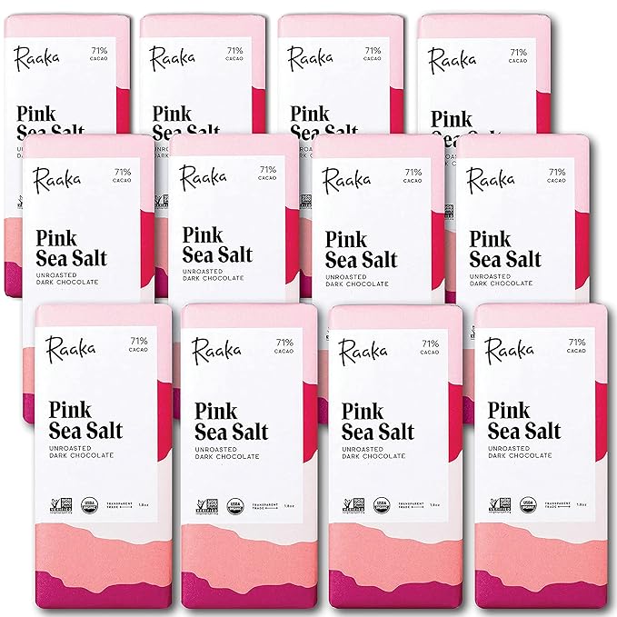 Raaka Pink Sea Salt Organic Dark Chocolate - 71% Cacao - Gourmet Dark Chocolate - Organic, Vegan, Gluten Free, Kosher | 1.8oz Bars, 12-Pack