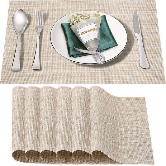 Placemats Set of 6,Washable,Heat and Stain Resistant Indoor/Outdoor Place mats,Vinyl Woven Non Slip Table Mats for Restaurant Table Protection,PVC Placemats(Beige White,6PCS)