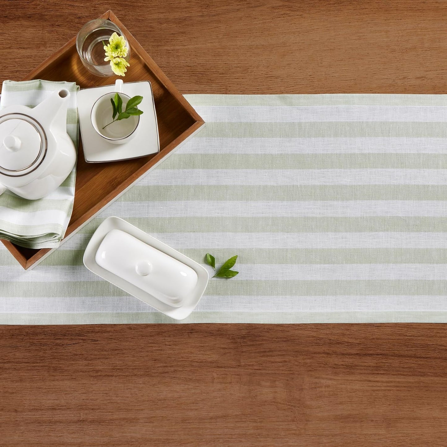 Solino Home Linen Table Runner 90 Inches Long - Sorrento Stripe, 100% Pure Linen Sage and White Farmhouse Table Runner 14 x 90 Inch for Dining, Fall, Autumn, Thanksgiving, Christmas