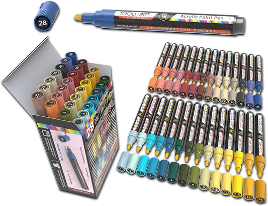 28 Southwestern Colors Acrylic Paint Pens Studio Color Series Markers Set 3mm Medium Tip, Rock Painting, Glass, Mugs, Wood, Metal, Canvas, DIY Projects, Detailing. Non Toxic, Waterbased, Quick Drying